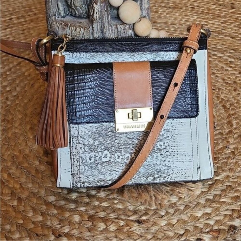 Brahmin Mimosa Crossbody in Black Brown and Python Print Gold Hardware details